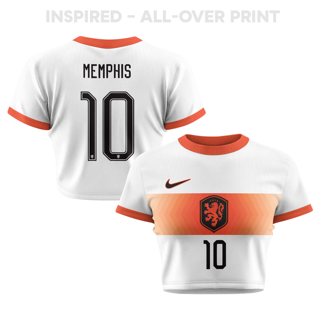 Memphis Depay 10 Netherlands 2026 Women's Away All-Over Print Cropped Jersey - White