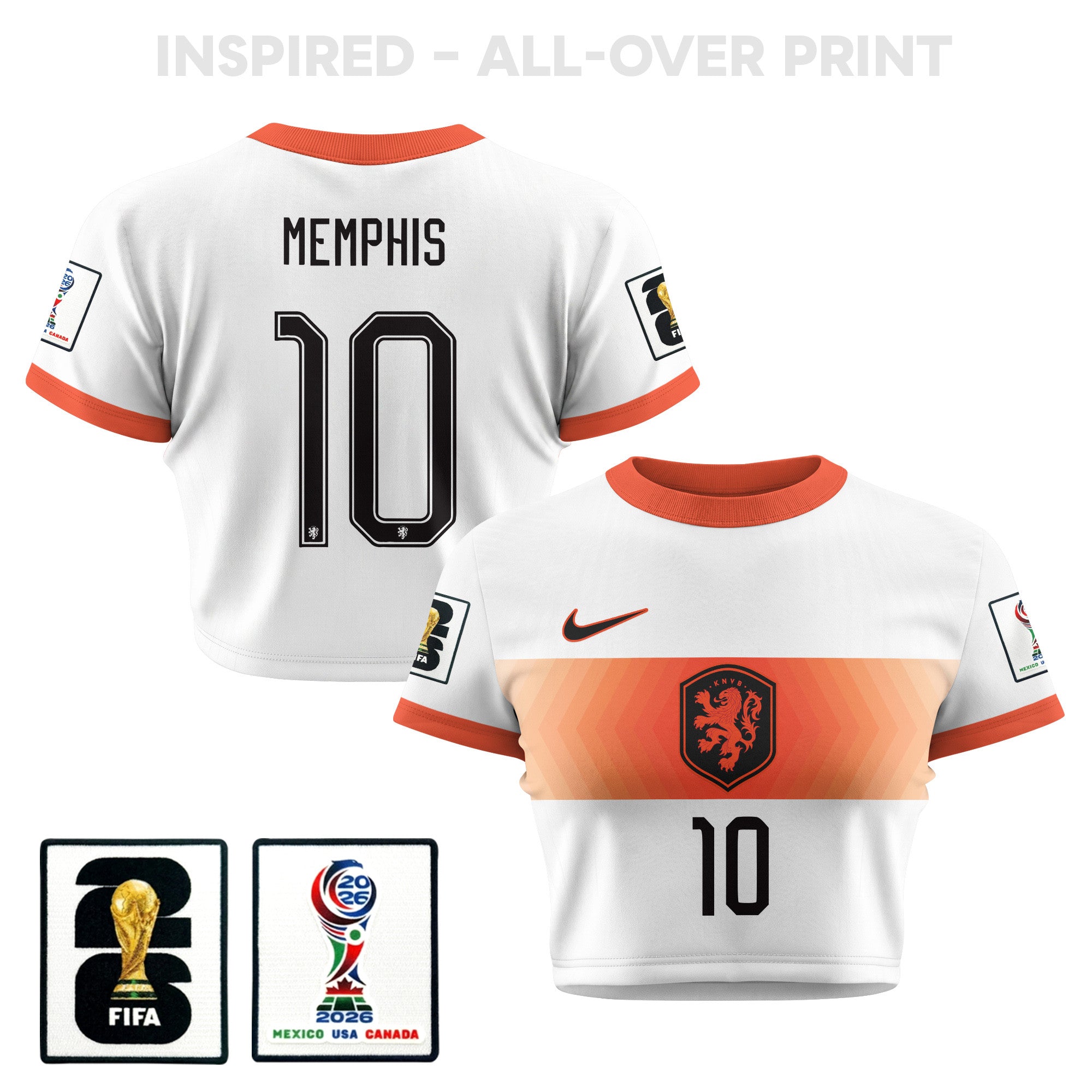 Memphis Depay 10 Netherlands 2026 Women's Away All-Over Print Cropped Jersey - White