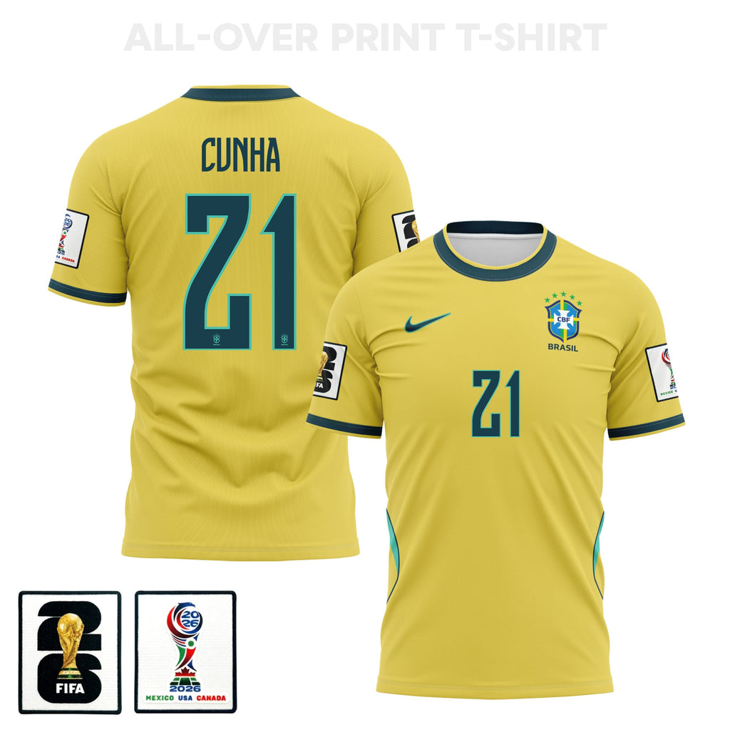 Matheus Cunha 21 Brazil 2026 Home 3D T-Shirt Fully Printed – Unisex, Yellow