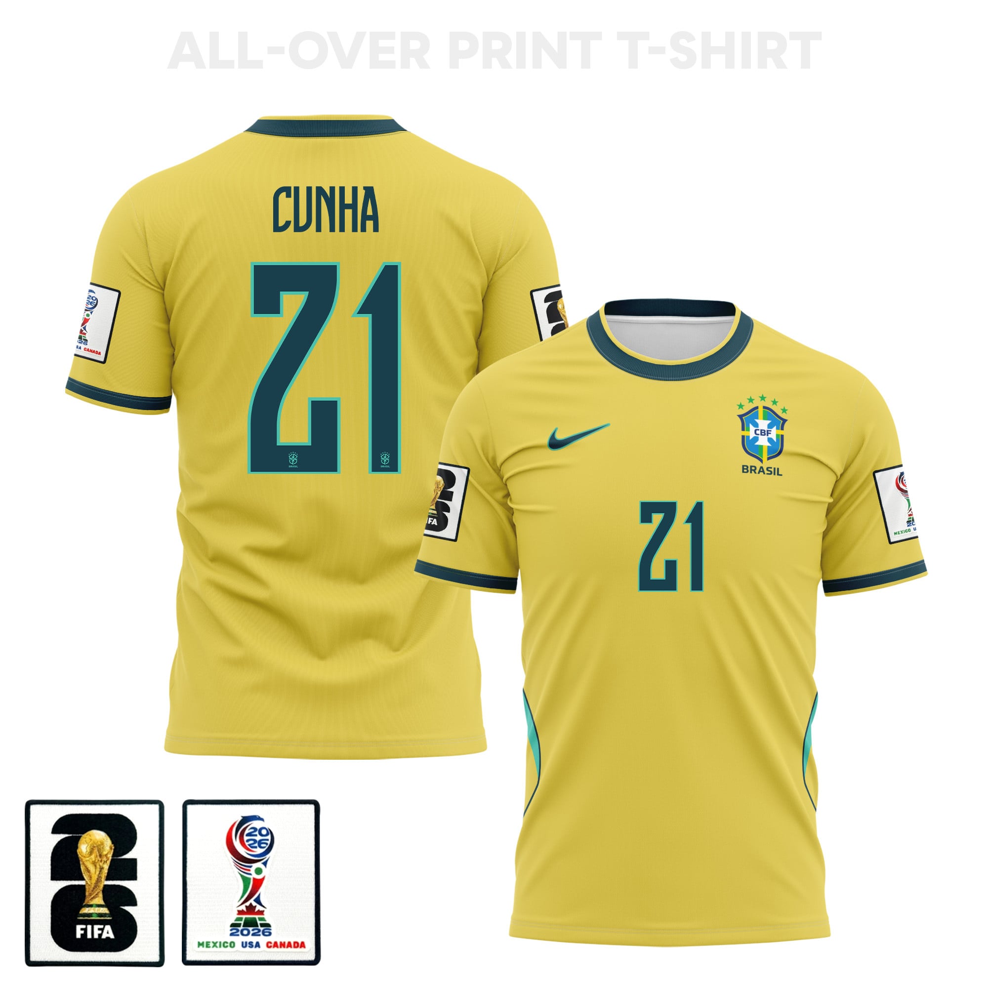 Matheus Cunha 21 Brazil 2026 Home 3D T-Shirt Fully Printed – Unisex, Yellow