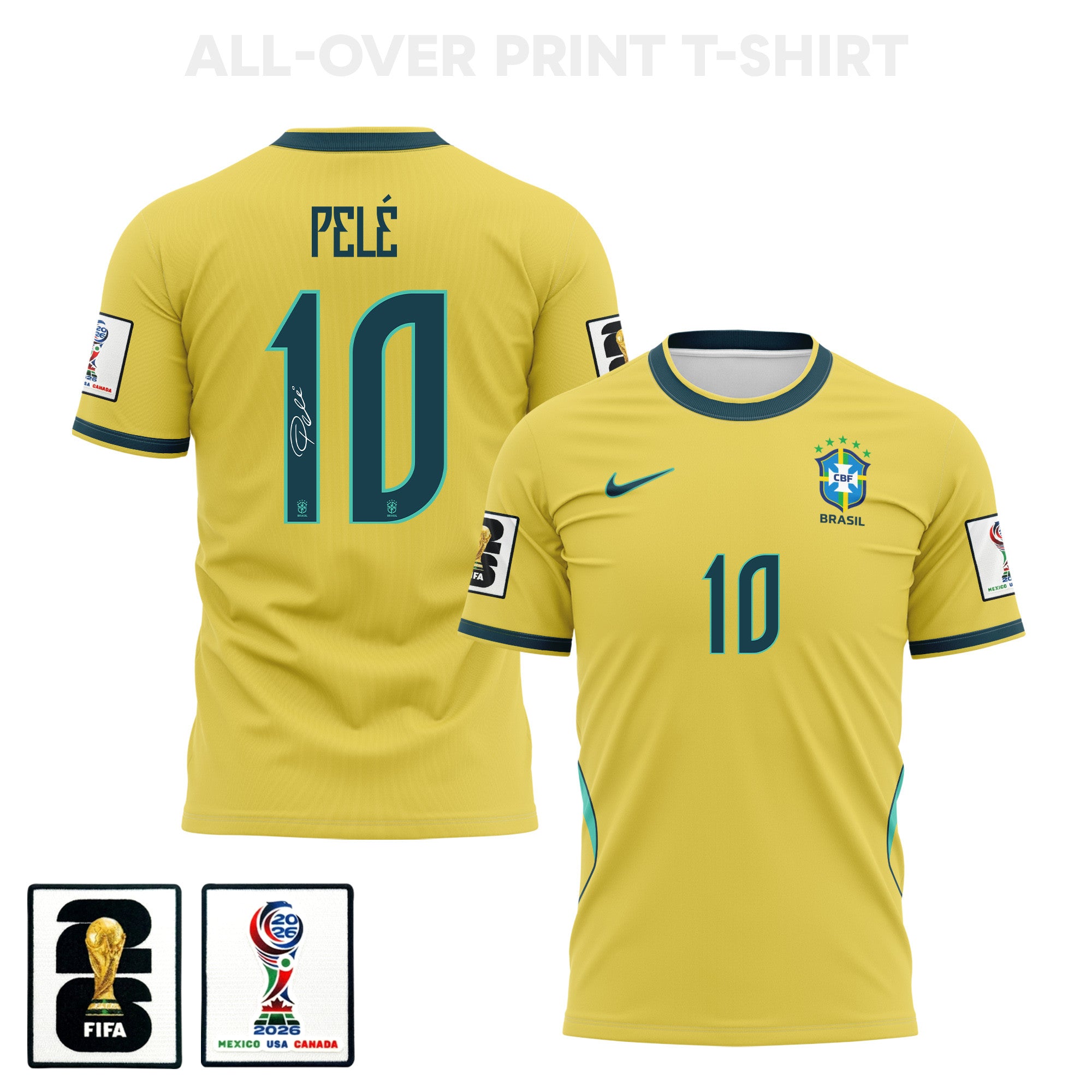 Pelé 10 Brazil 2026 Home 3D T-Shirt Fully Printed – Unisex, Yellow