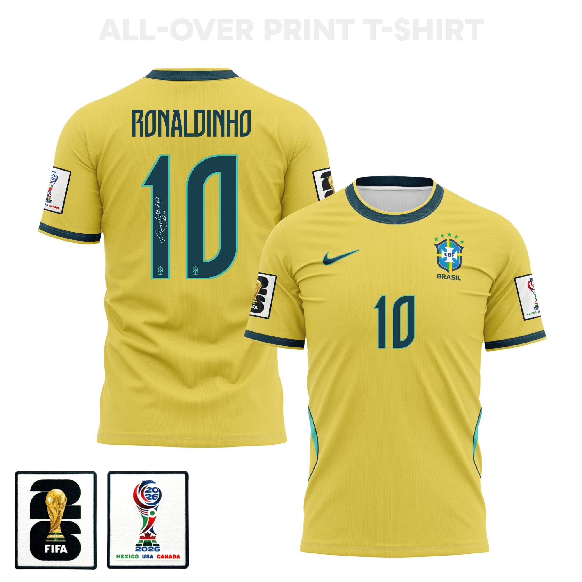Ronaldinho 10 Brazil 2026 Home 3D T-Shirt Fully Printed – Unisex, Yellow