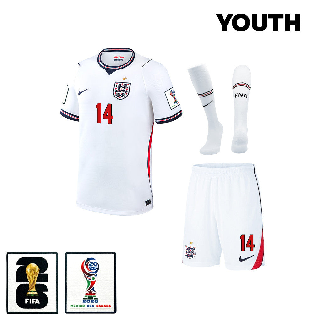 Djed Spence 14 England 2026 YOUTH Home Kit Set – White