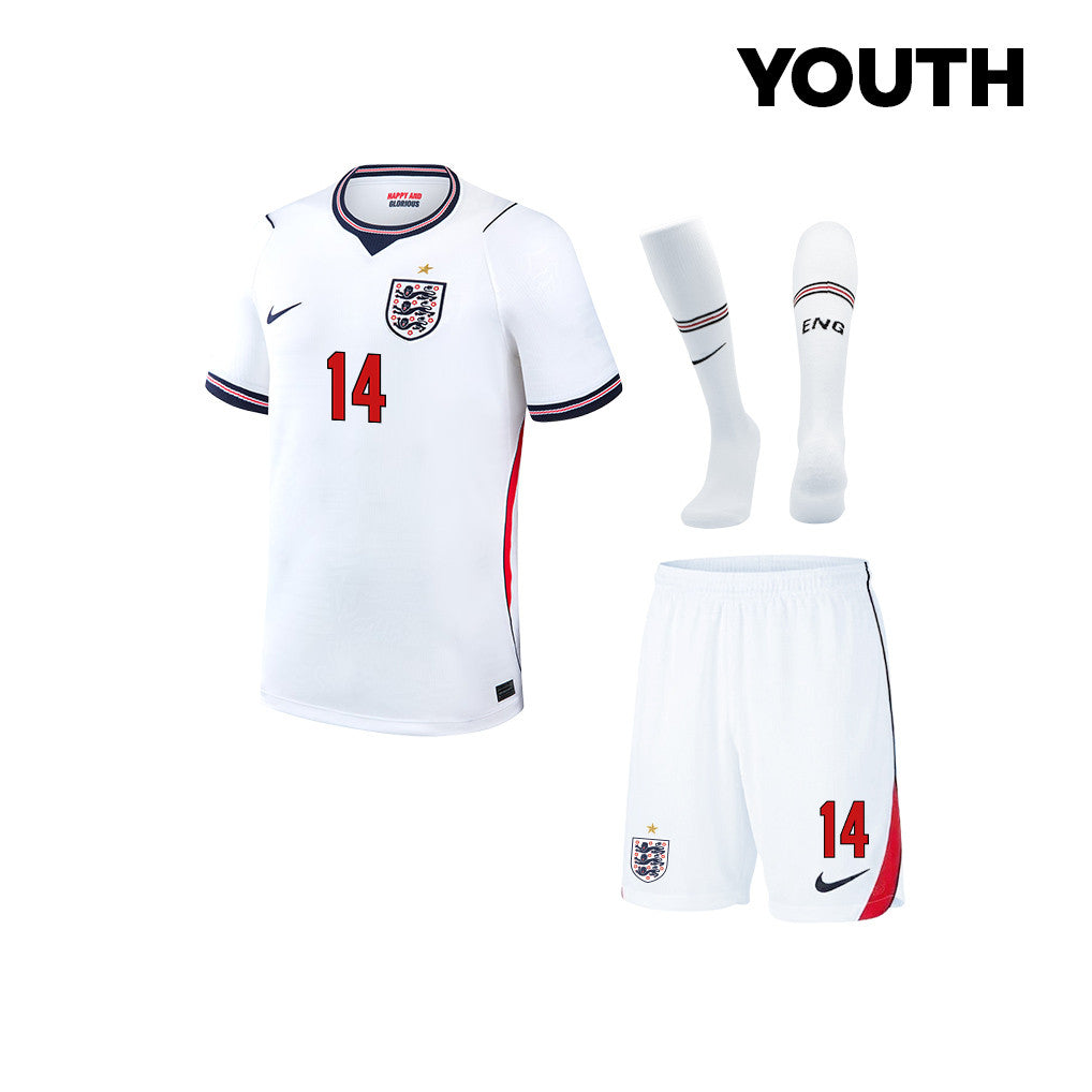 Djed Spence 14 England 2026 YOUTH Home Kit Set – White