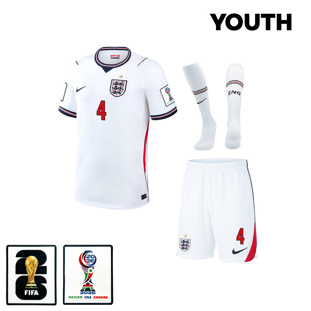Declan Rice 4 England 2026 YOUTH Home Kit Set – White