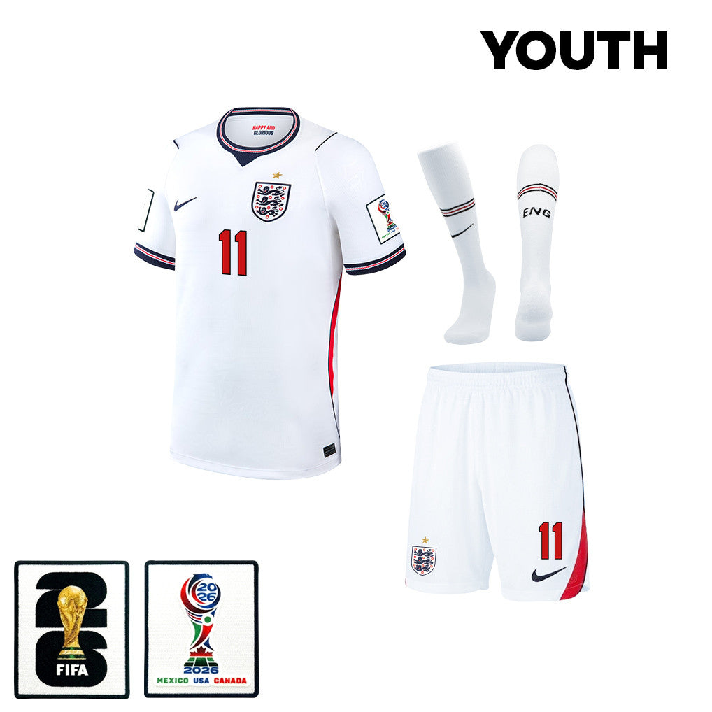 Marcus Rashford 11 England 2026 YOUTH Home Kit Set – White
