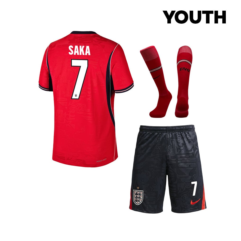 Bukayo Saka 7 England 2026 YOUTH Away Kit Set – Red/Black