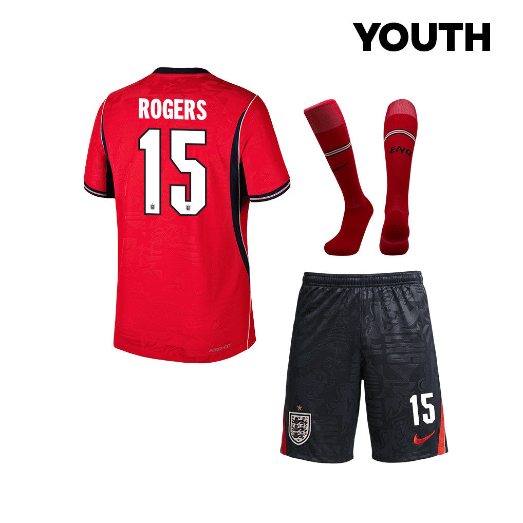 Morgan Rogers 15 England 2026 YOUTH Away Kit Set – Red/Black