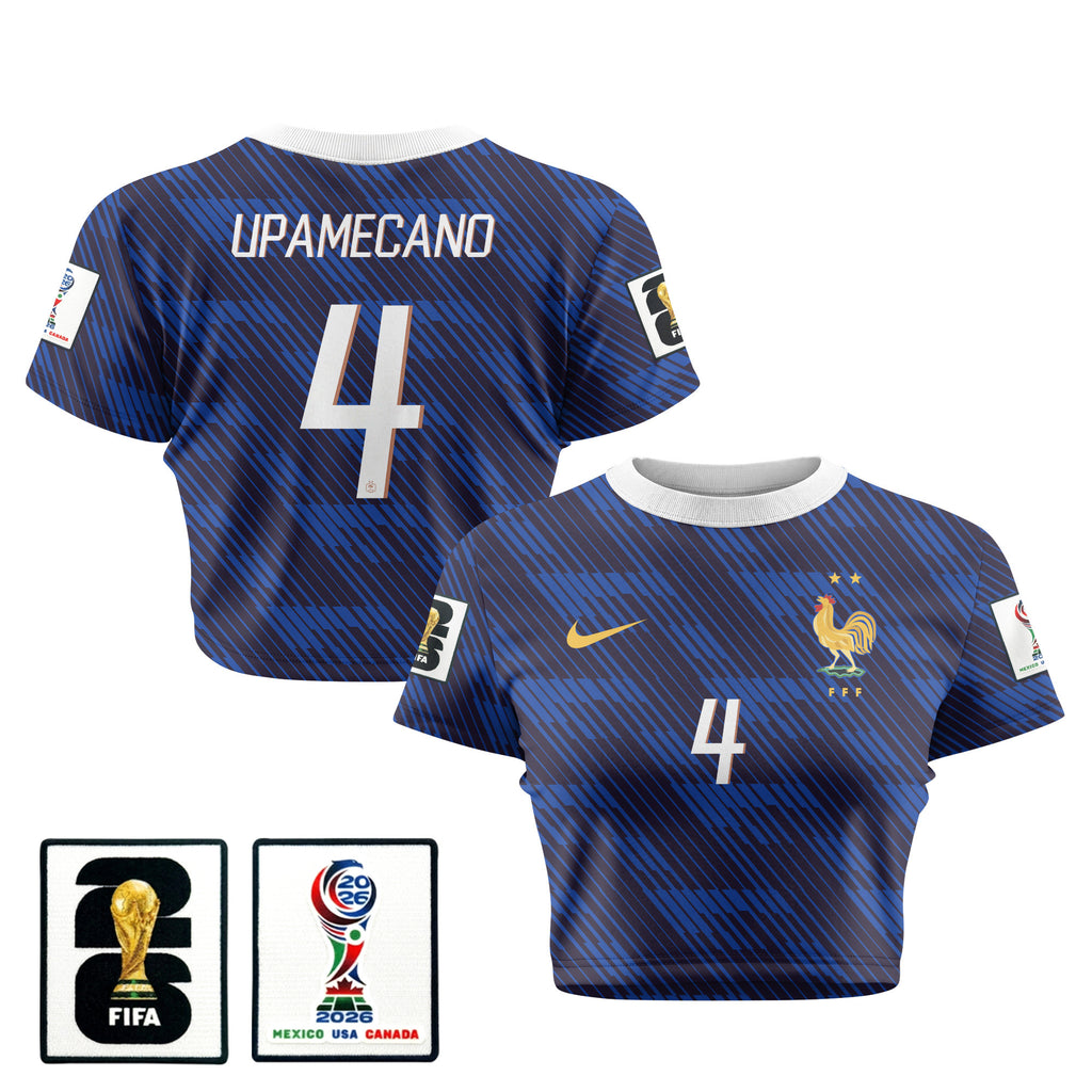 Dayot Upamecano 4 France 2026 Women's Home All-Over Print Cropped Jersey - Blue