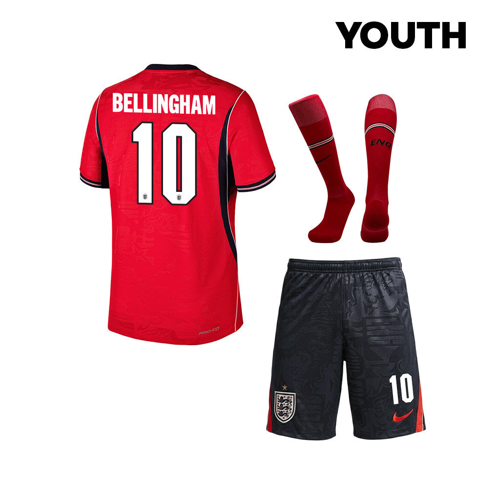 Jude Bellingham 10 England 2026 YOUTH Away Kit Set – Red/Black