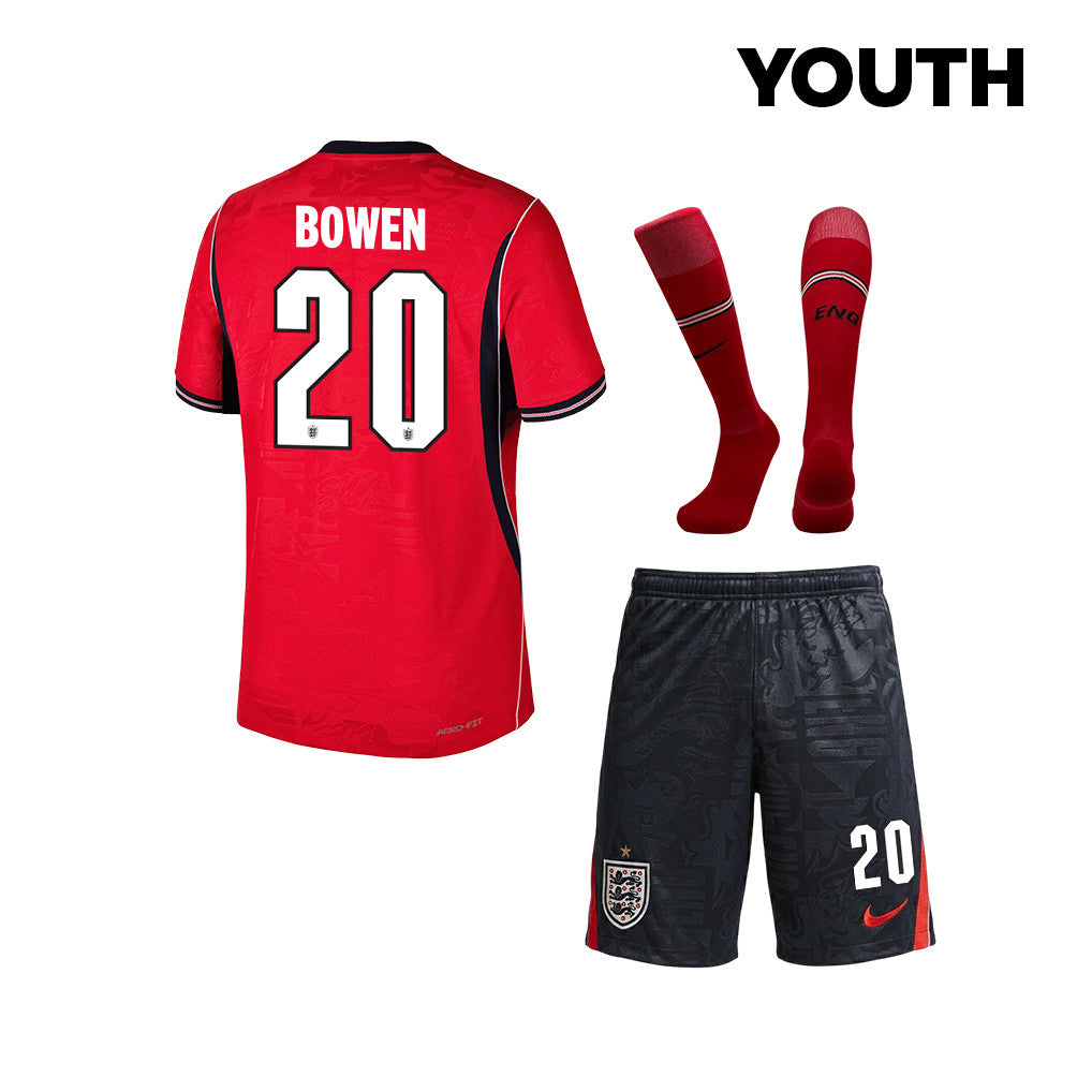 Jarrod Bowen 20 England 2026 YOUTH Away Kit Set – Red/Black