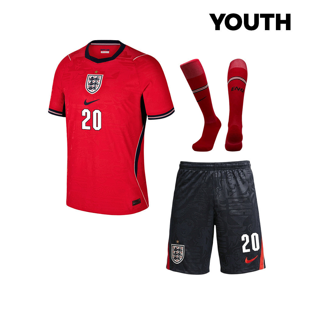 Jarrod Bowen 20 England 2026 YOUTH Away Kit Set – Red/Black