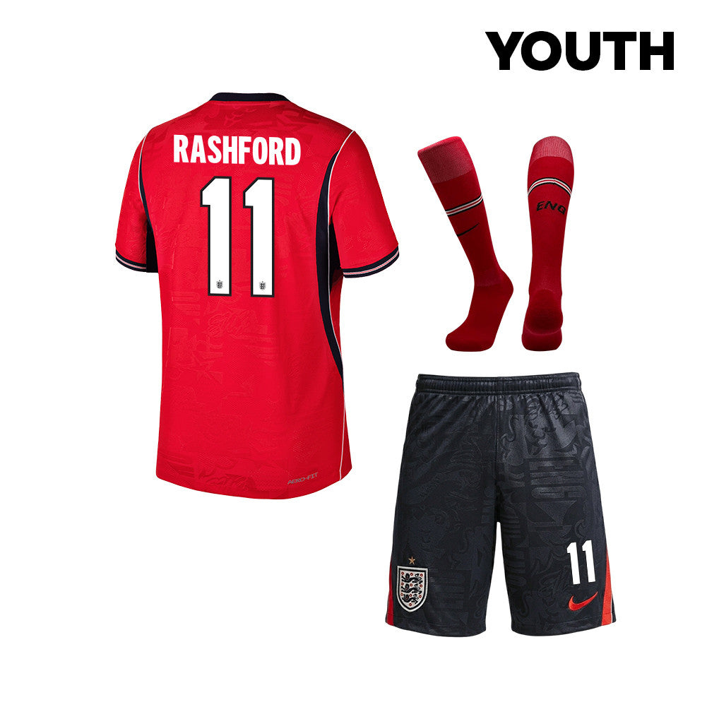 Marcus Rashford 11 England 2026 YOUTH Away Kit Set – Red/Black