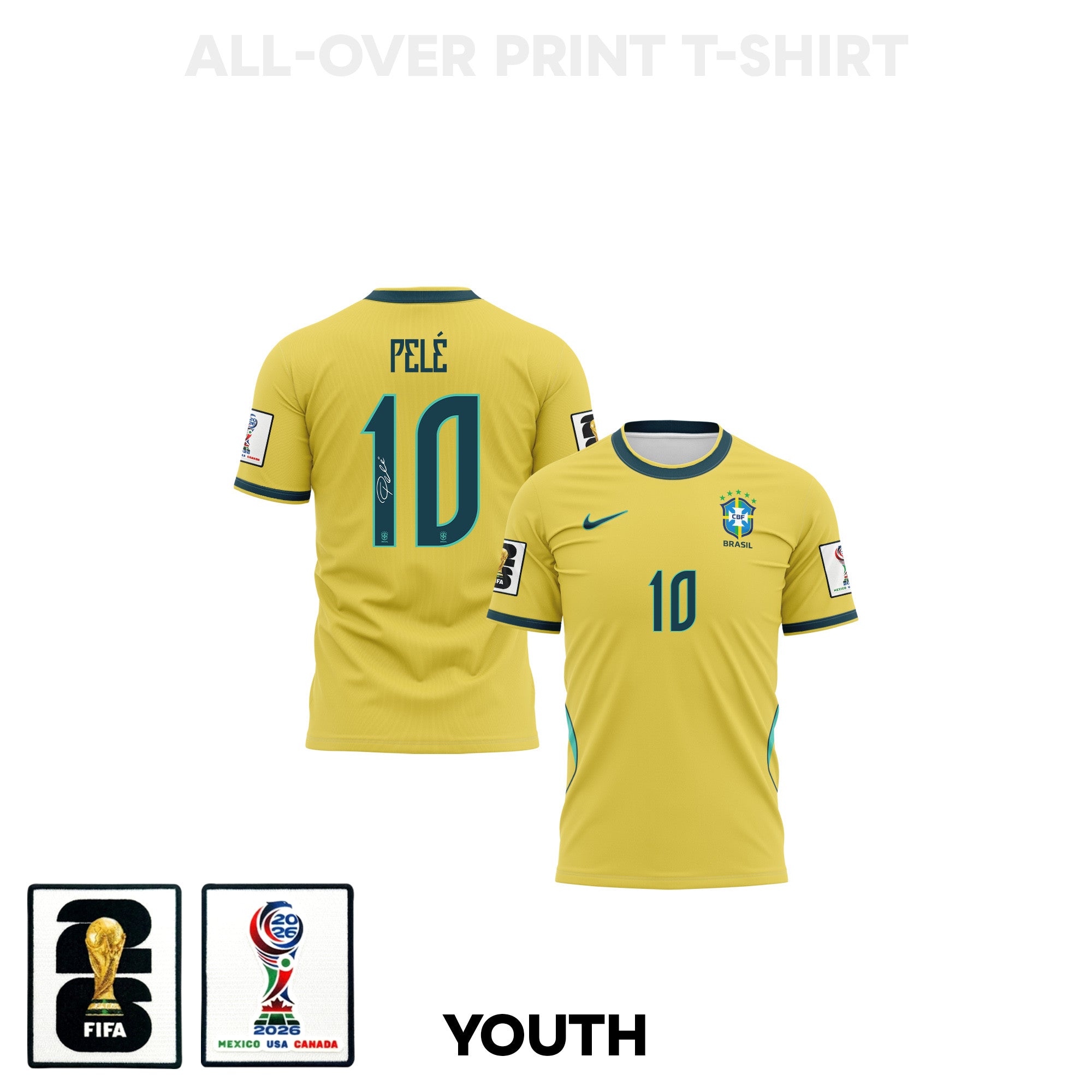 Pelé 10 Youth Brazil 2026 Home 3D T-shirt Fully Printed – Yellow