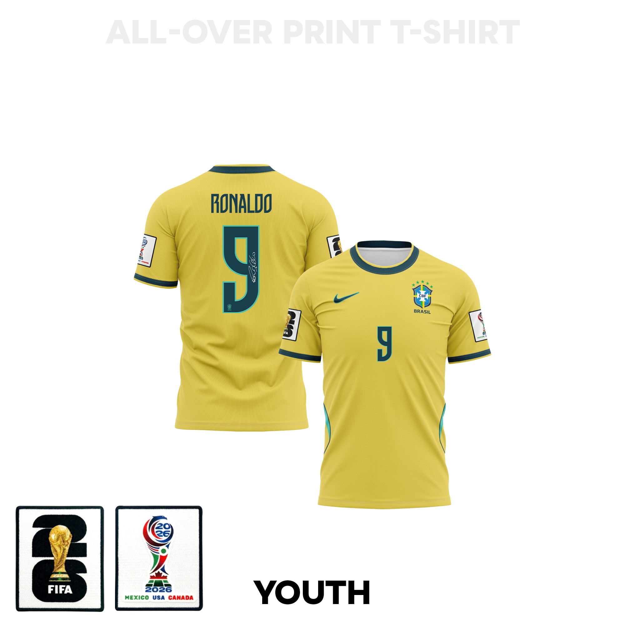 Ronaldo Nazário 9 Youth Brazil 2026 Home 3D T-shirt Fully Printed – Yellow