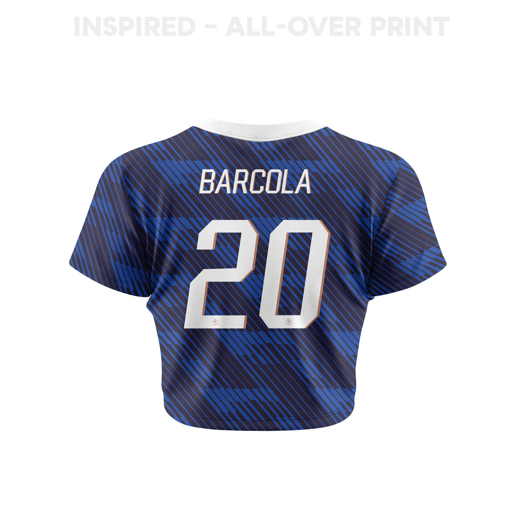 Bradley Barcola 20 France 2026 Women's Home All-Over Print Cropped Jersey - Blue
