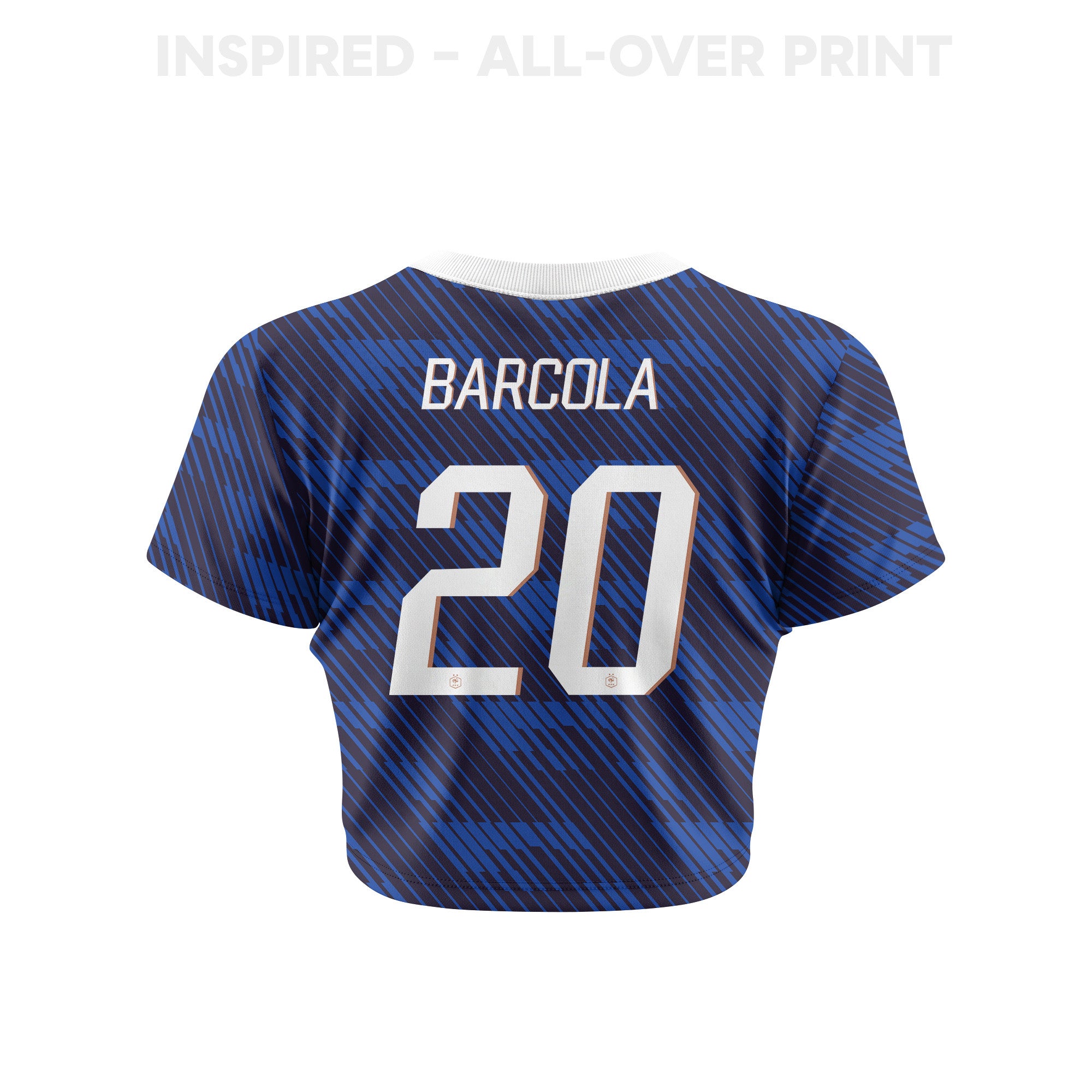 Bradley Barcola 20 France 2026 Women's Home All-Over Print Cropped Jersey - Blue