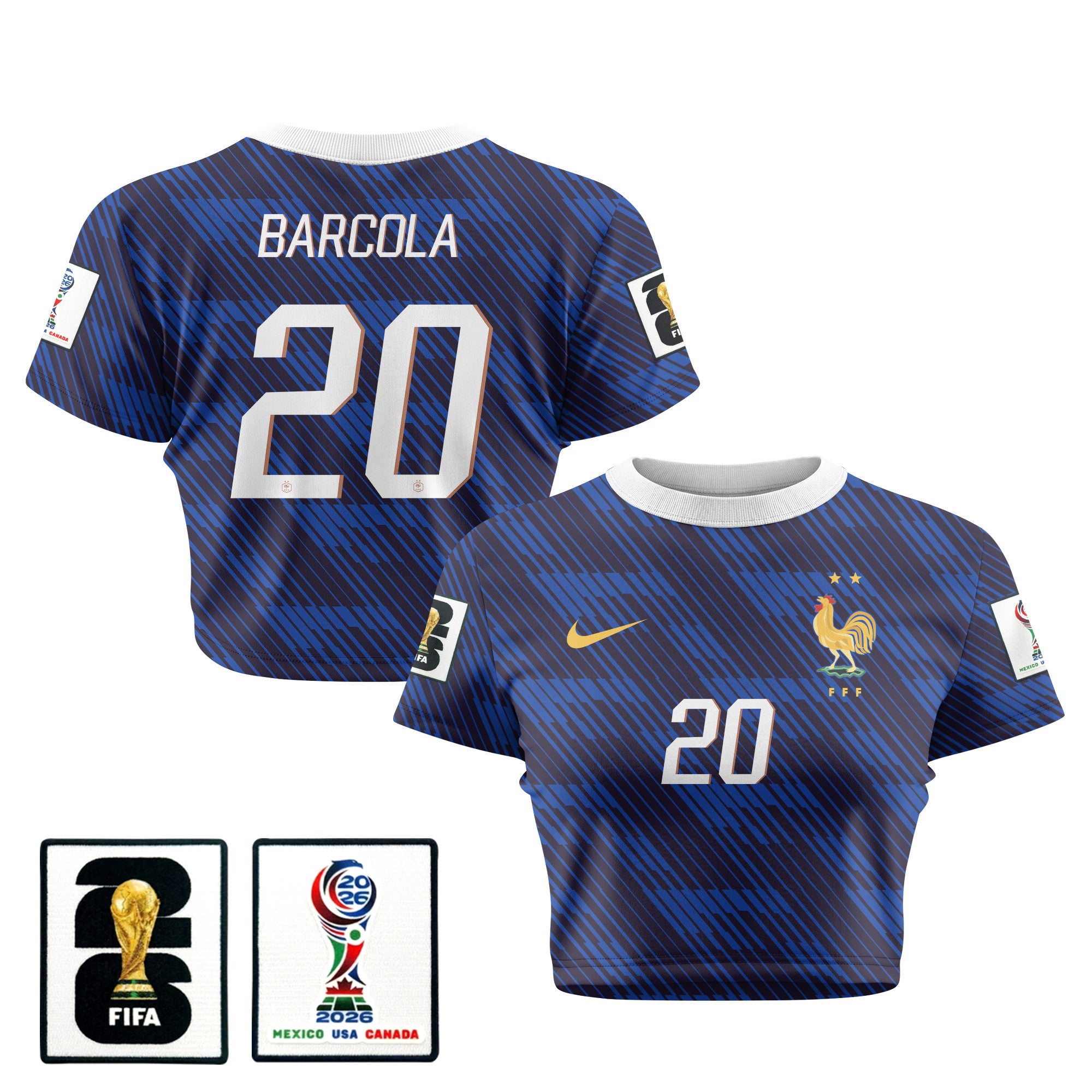 Bradley Barcola 20 France 2026 Women's Home All-Over Print Cropped Jersey - Blue