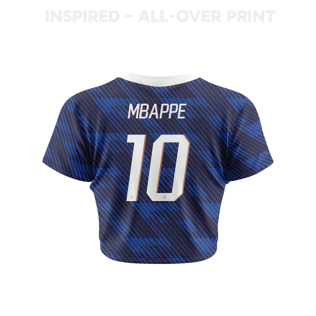 Kylian Mbappé 10 France 2026 Women's Home All-Over Print Cropped Jersey - Blue