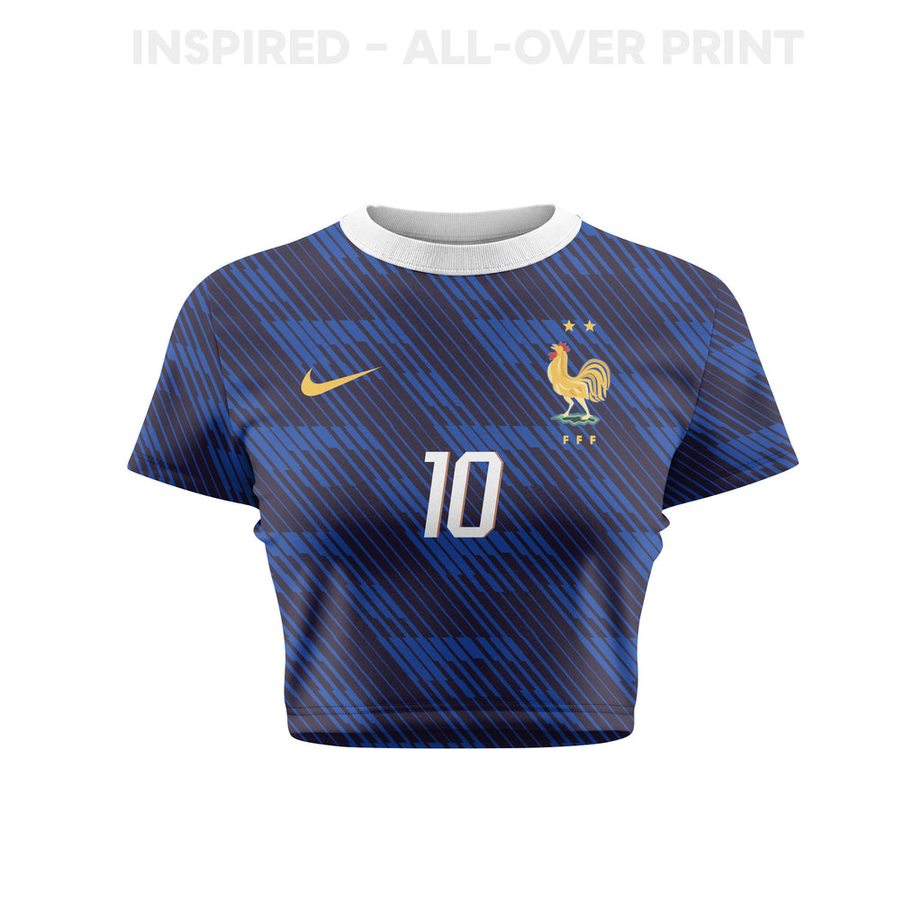 Kylian Mbappé 10 France 2026 Women's Home All-Over Print Cropped Jersey - Blue