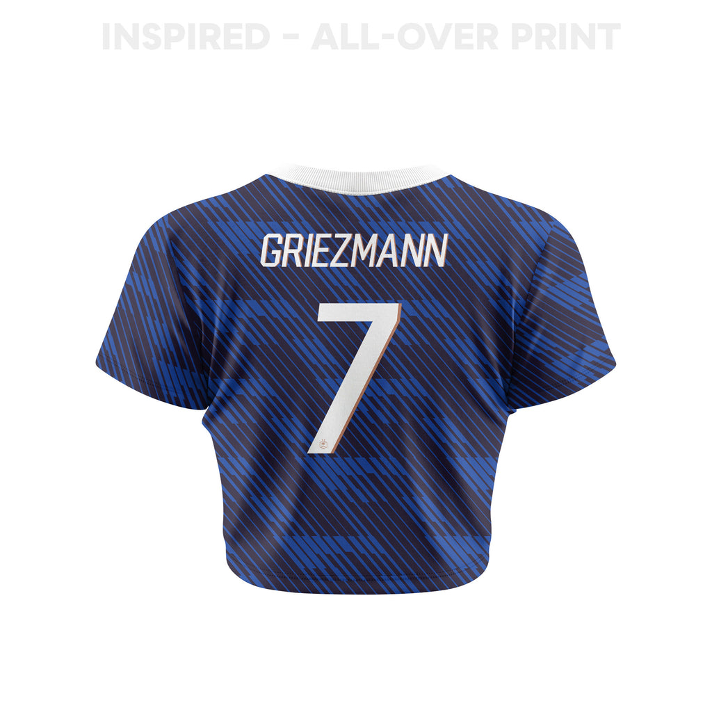 Antoine Griezmann 7 France 2026 Women's Home All-Over Print Cropped Jersey - Blue