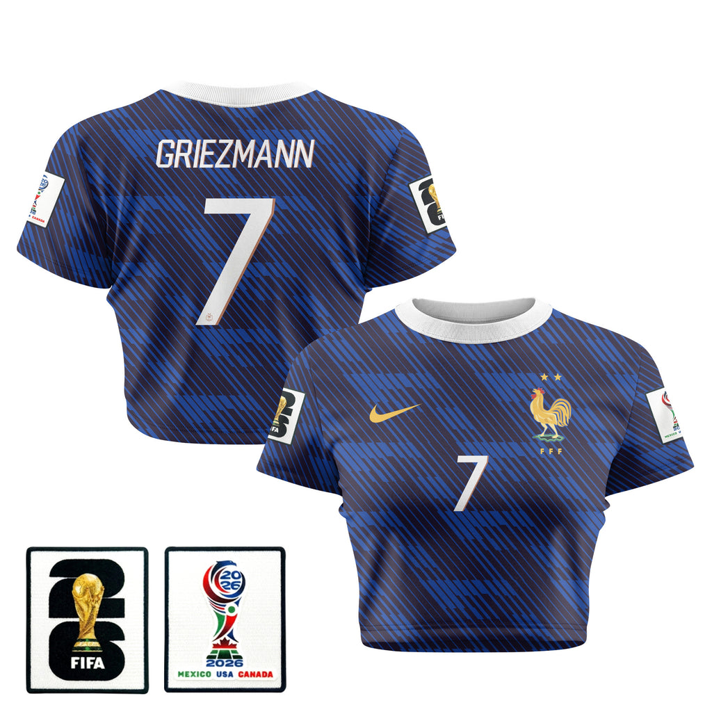 Antoine Griezmann 7 France 2026 Women's Home All-Over Print Cropped Jersey - Blue