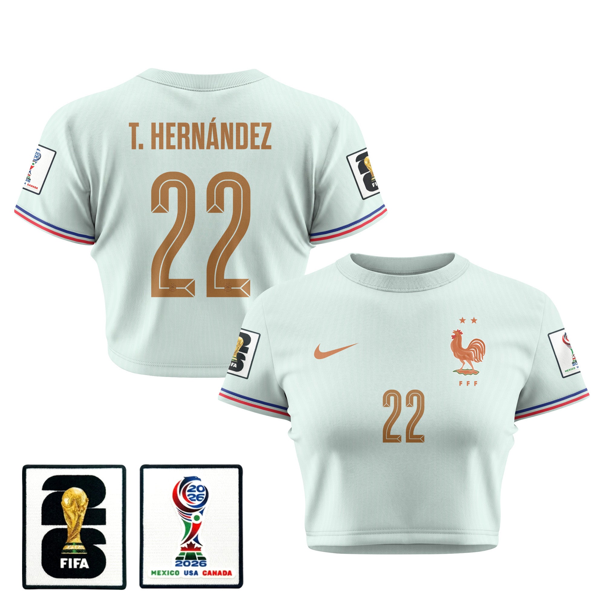 Theo Hernández 22 France 2026 Women's Away All-Over Print Cropped Jersey - Green
