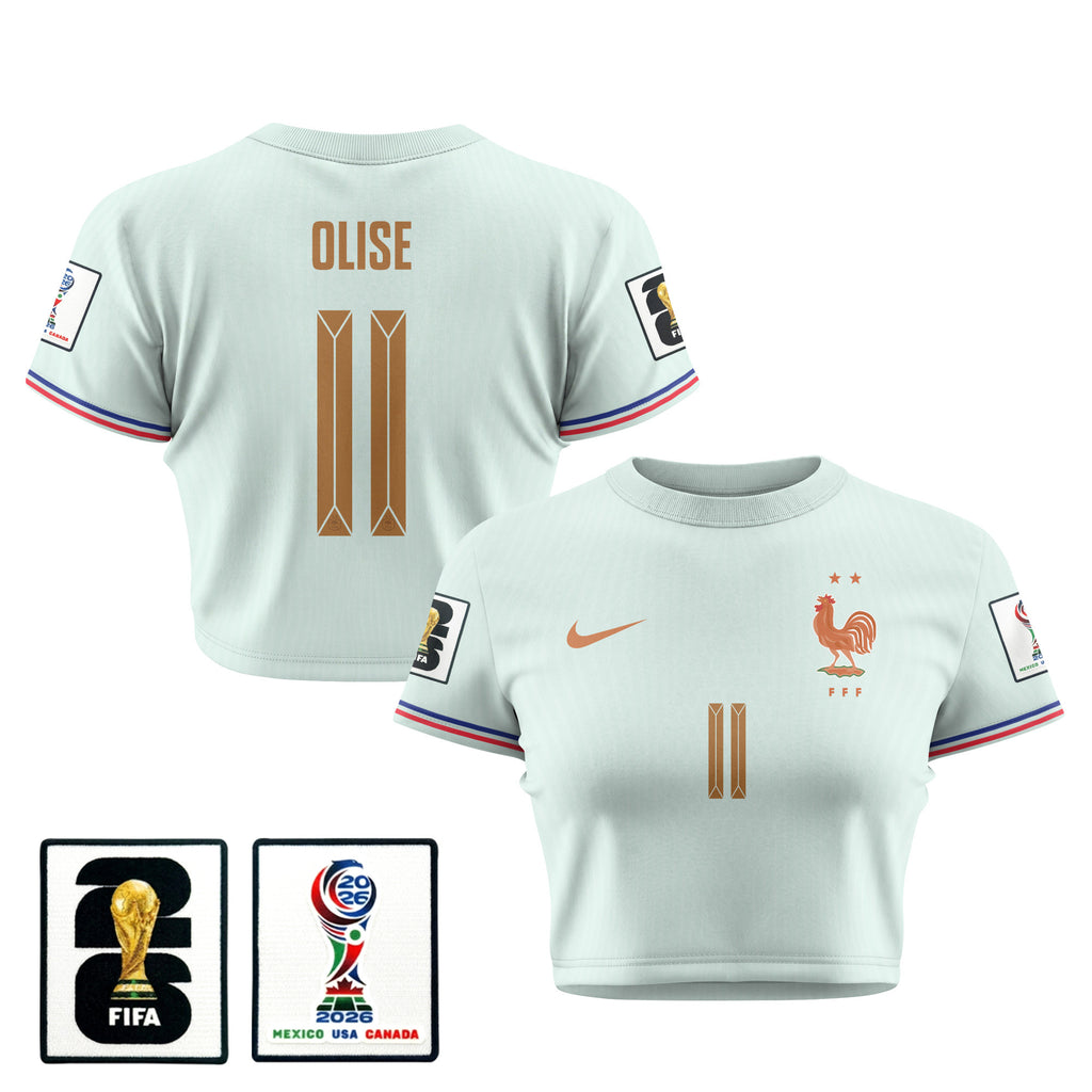 Michael Olise 11 France 2026 Women's Away All-Over Print Cropped Jersey - Green