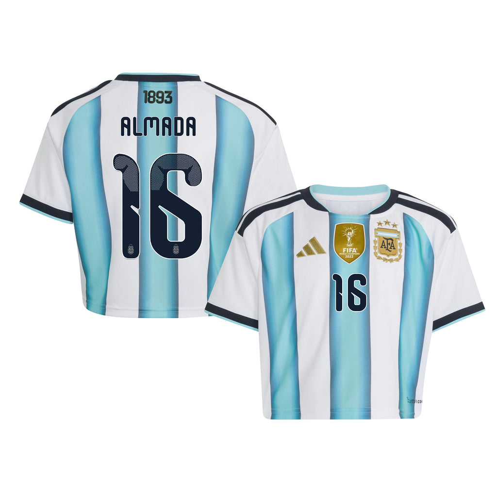 Thiago Almada 16 Argentina 2026 Home Women's Cropped Jersey - White