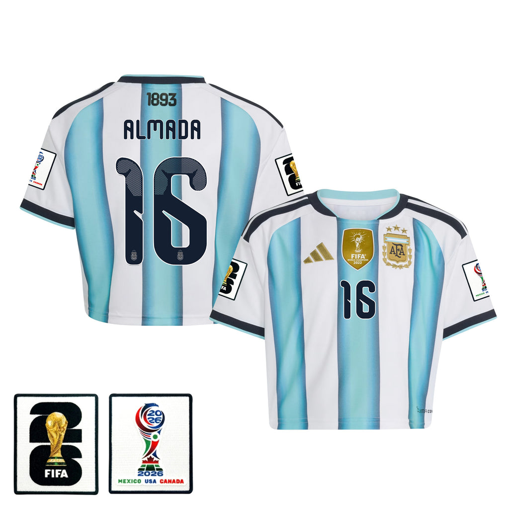 Thiago Almada 16 Argentina 2026 Home Women's Cropped Jersey - White