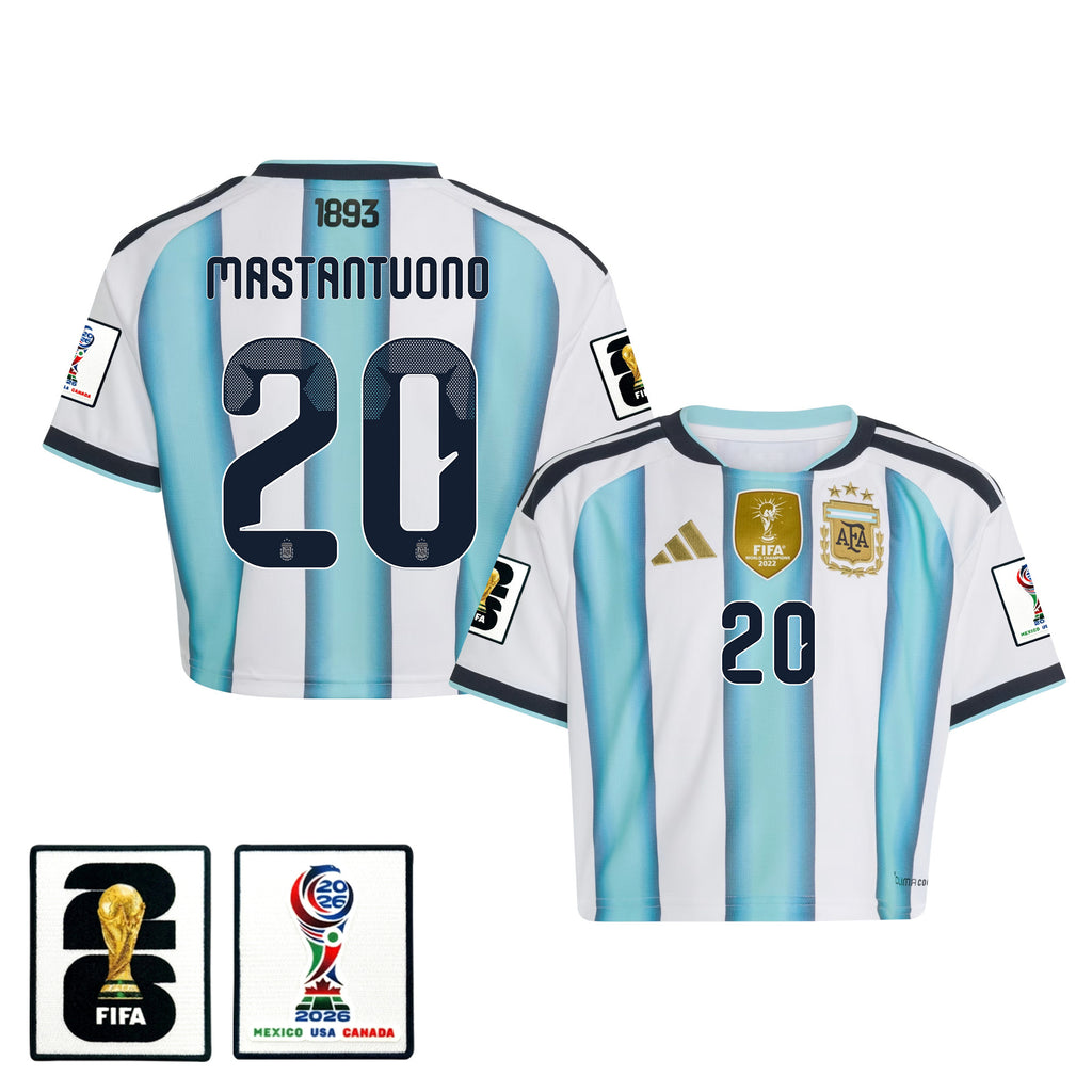 Franco Mastantuono 20 Argentina 2026 Home Women's Cropped Jersey - White