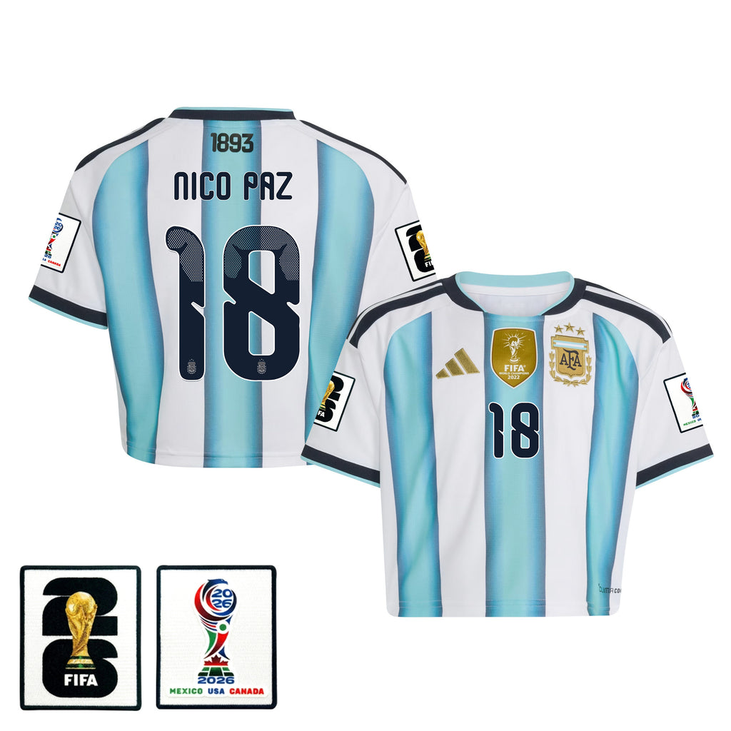Nico Paz 18 Argentina 2026 Home Women's Cropped Jersey - White