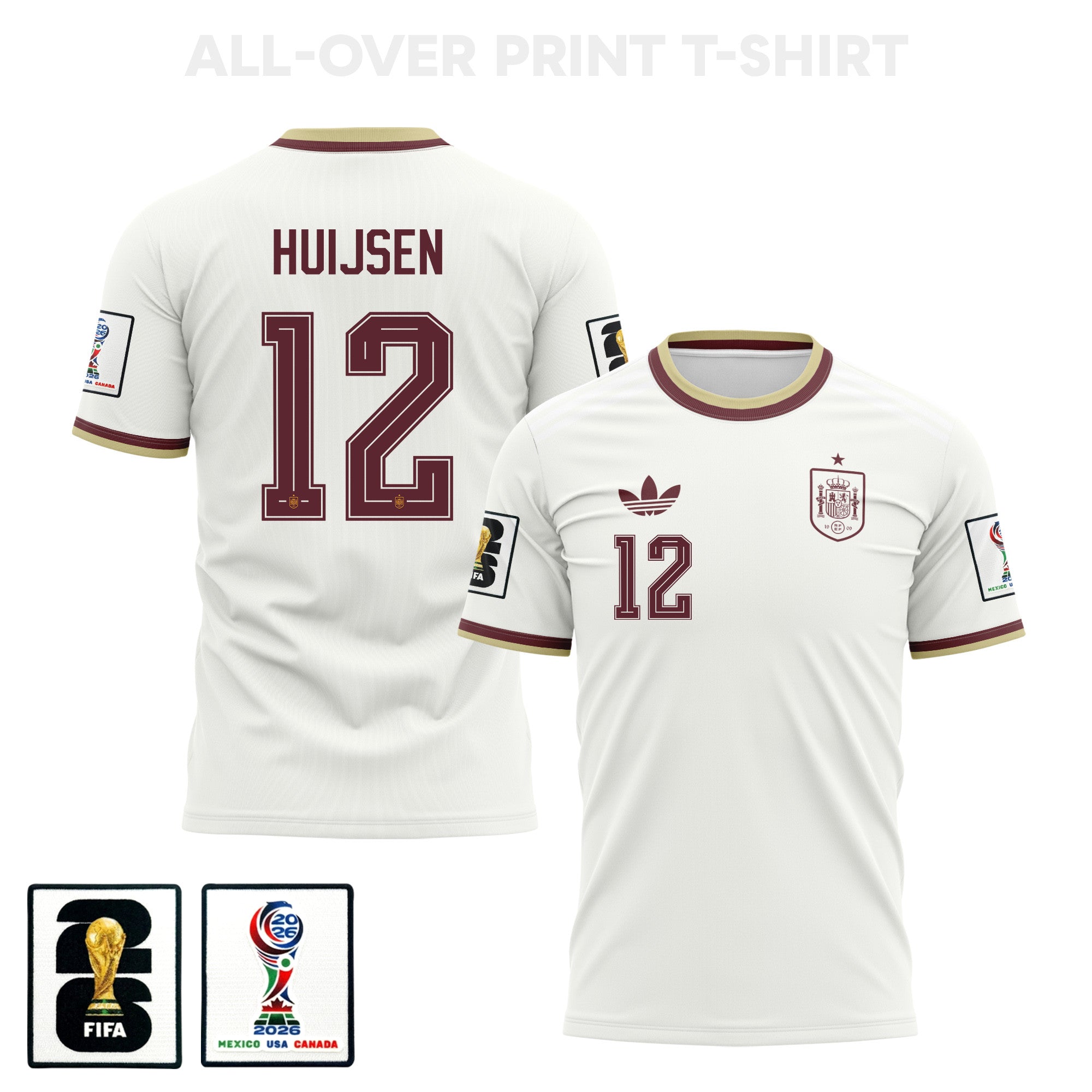 Dean Huijsen 12 Spain 2026 Away 3D T-Shirt Fully Printed – Unisex, White