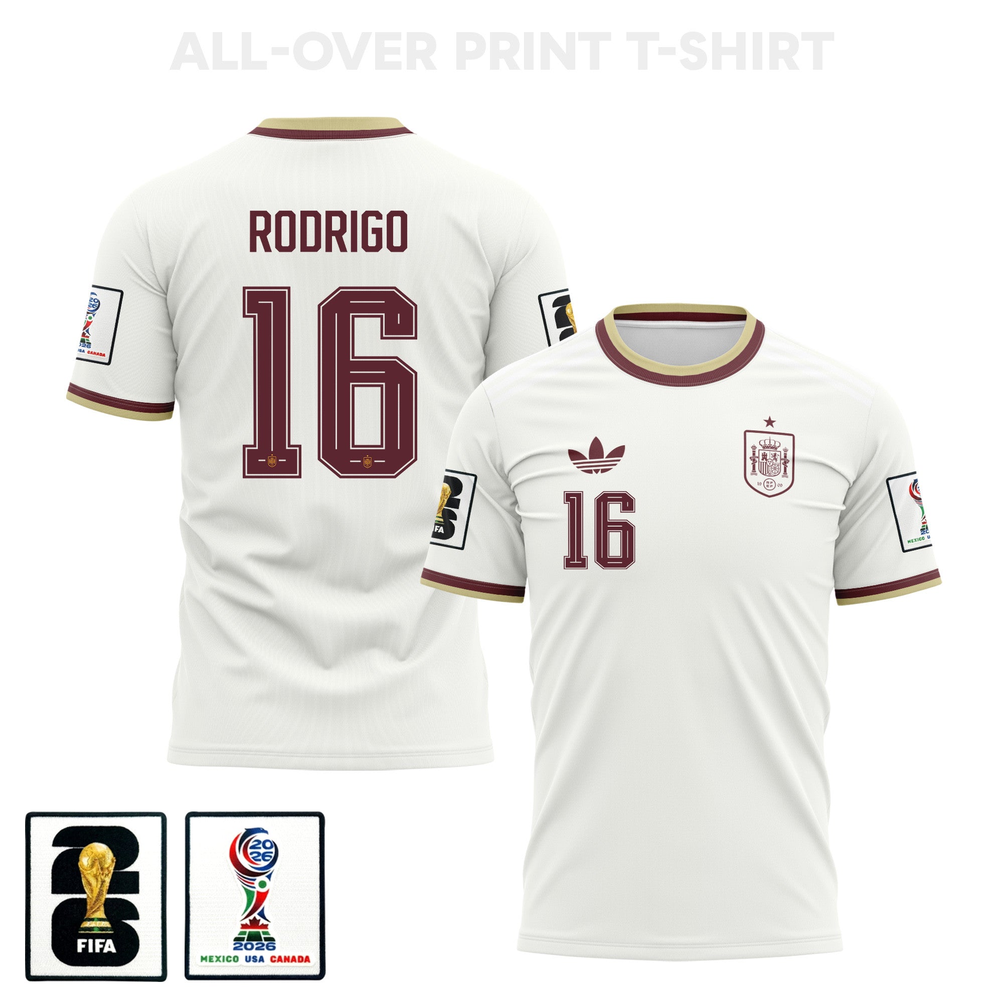 Rodri 16 Spain 2026 Away 3D T-Shirt Fully Printed – Unisex, White