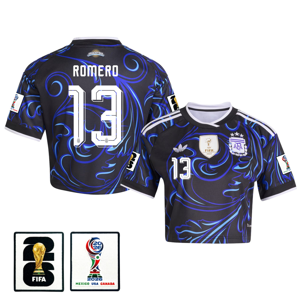 Cristian Romero 13 Argentina 2026 Away Women's Cropped Jersey - Black