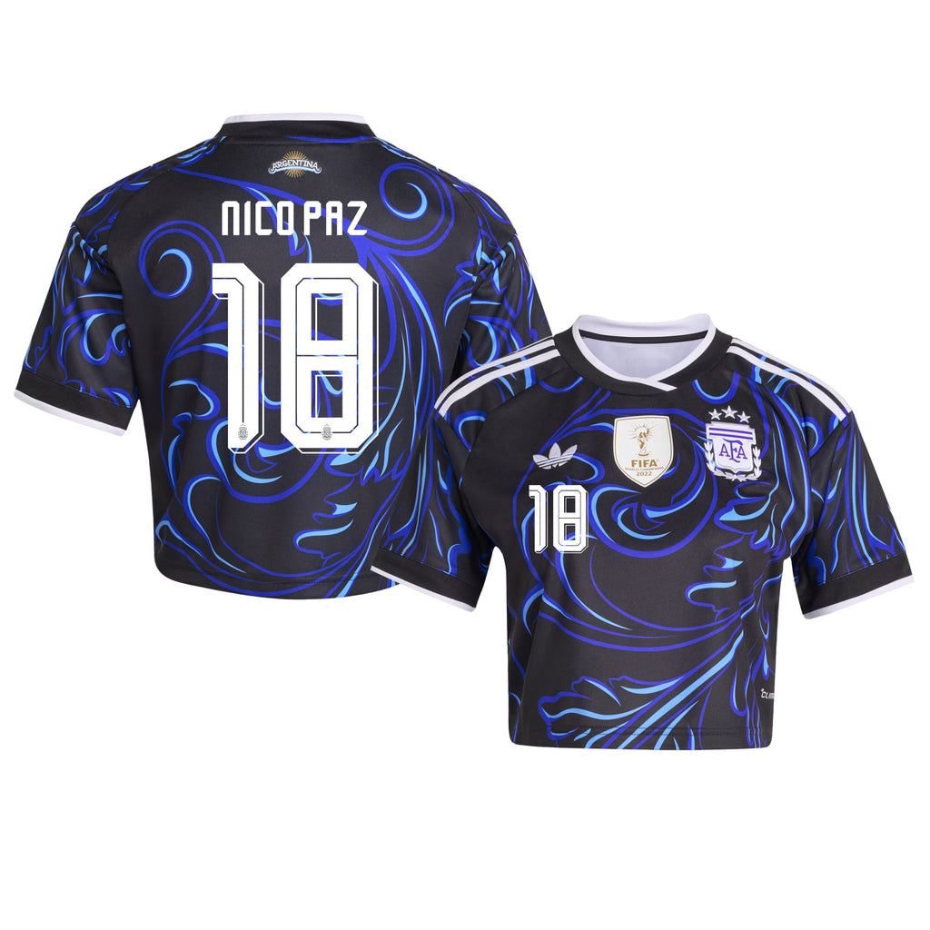Nico Paz 18 Argentina 2026 Away Women's Cropped Jersey - Black