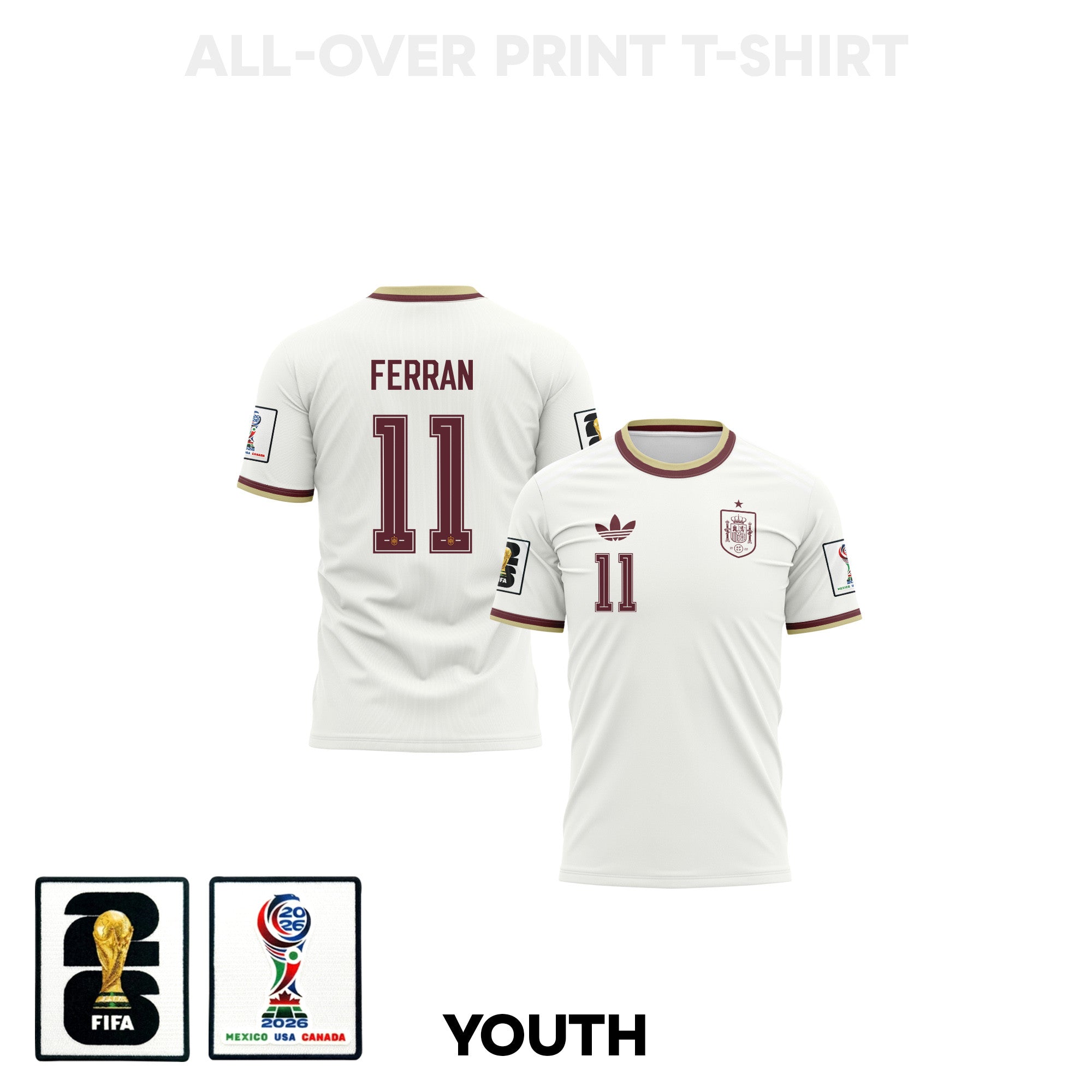 Ferran Torres 11 Youth Spain 2026 Away 3D T-shirt Fully Printed – White