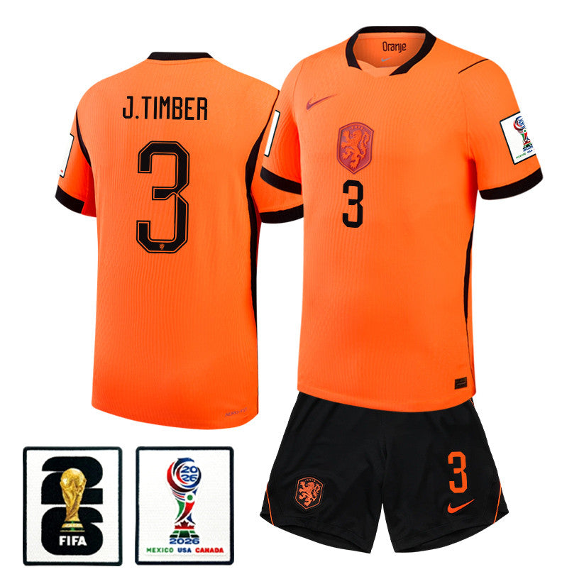 Jurriën Timber 3 Netherlands 2026 Home Men Jersey & Shorts Set – Orange