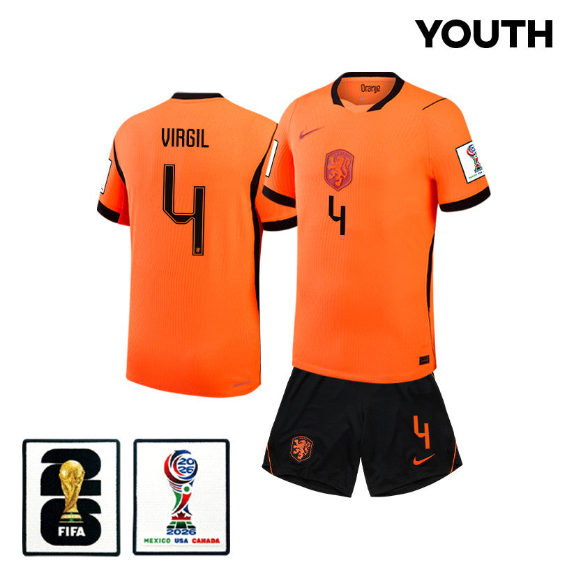 Virgil van Dijk 4 Netherlands 2026 YOUTH Home Jersey & Shorts Set - Orange