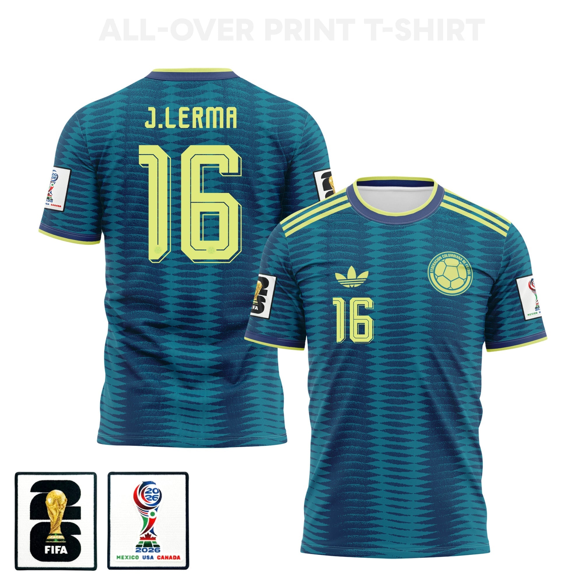 Jefferson Lerma 16 Colombia 2026 Away 3D T-Shirt Fully Printed – Unisex, Turquoise