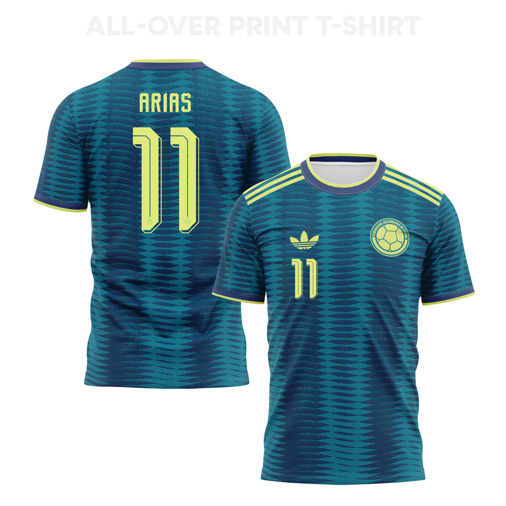 Jhon Arias 11 Colombia 2026 Away 3D T-Shirt Fully Printed – Unisex, Turquoise