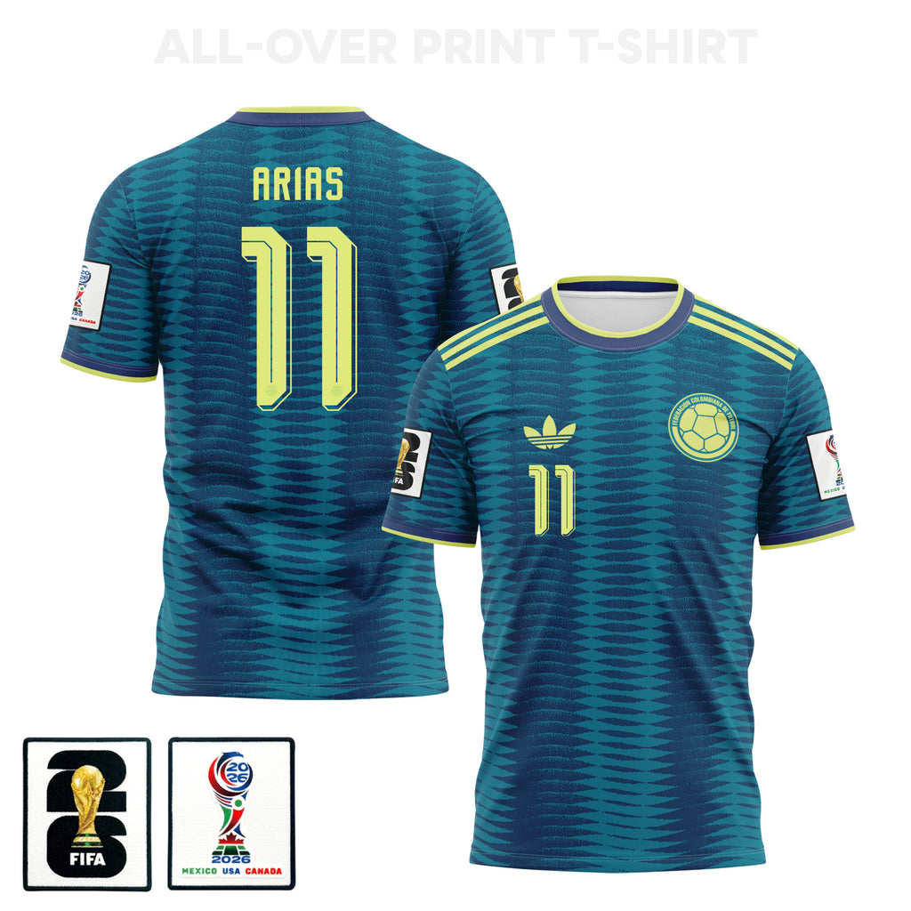 Jhon Arias 11 Colombia 2026 Away 3D T-Shirt Fully Printed – Unisex, Turquoise