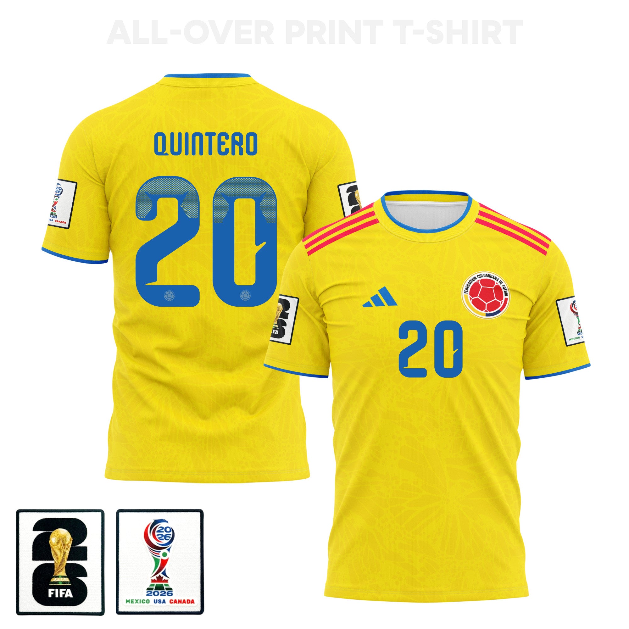 Juan Fernando Quintero 20 Colombia 2026 Home 3D T-Shirt Fully Printed – Unisex, Yellow