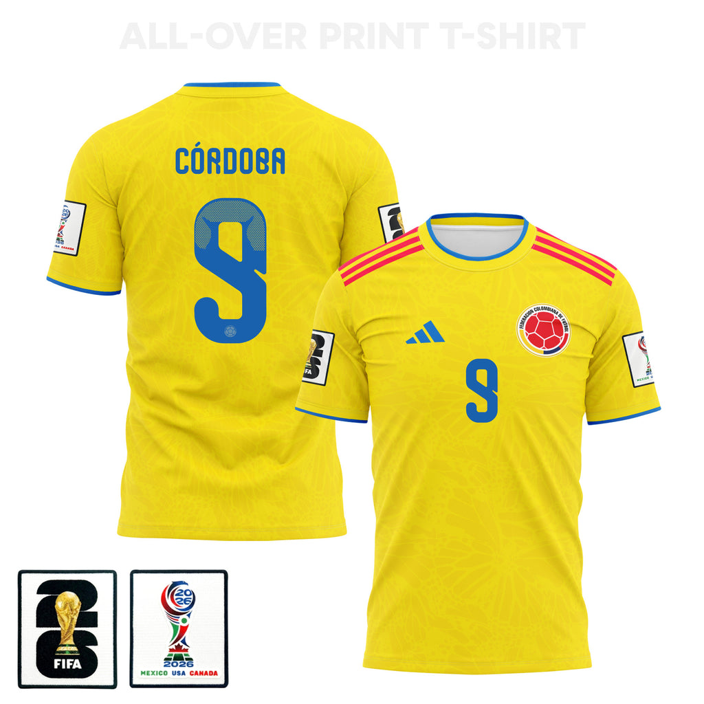 Jhon Córdoba 9 Colombia 2026 Home 3D T-Shirt Fully Printed – Unisex, Yellow