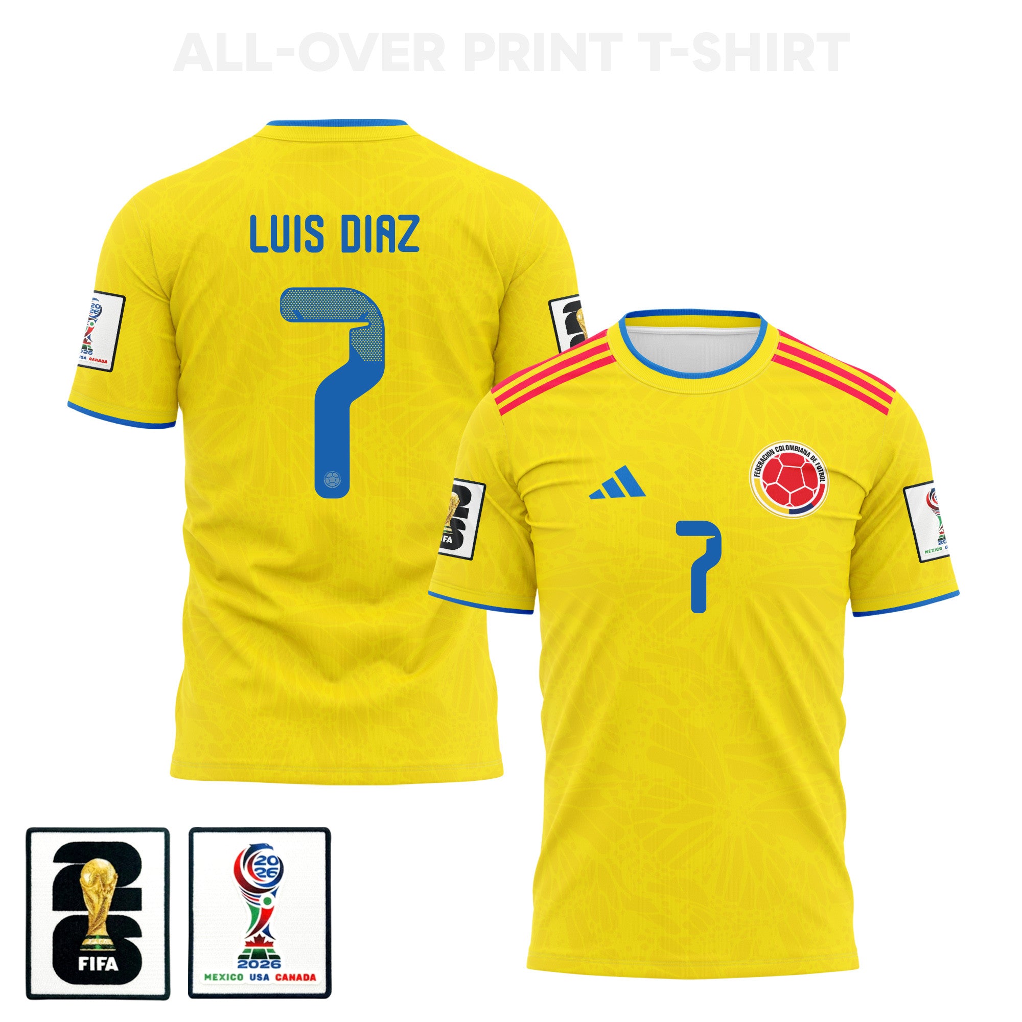 Luis Diaz 7 Colombia 2026 Home 3D T-Shirt Fully Printed – Unisex, Yellow