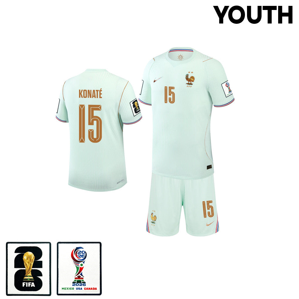 Ibrahima Konaté 15 France 2026 YOUTH Away Jersey & Shorts Set - Green