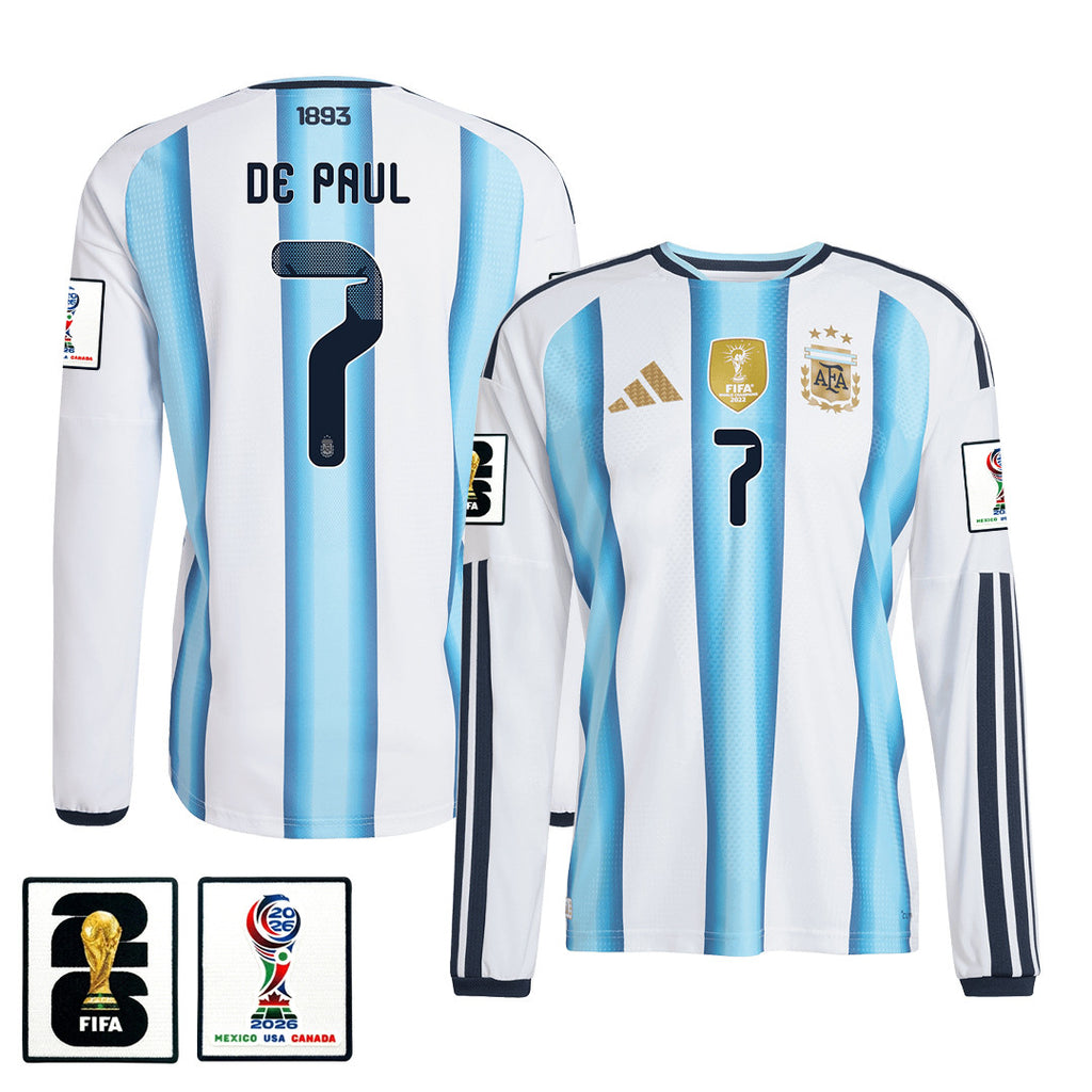 Rodrigo De Paul 7 Argentina 2026 Home Long Sleeve Jersey - White