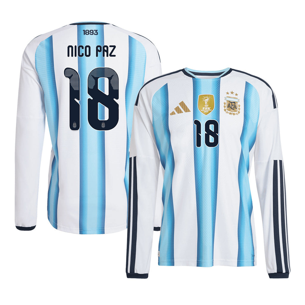 Nico Paz 18 Argentina 2026 Home Long Sleeve Jersey - White