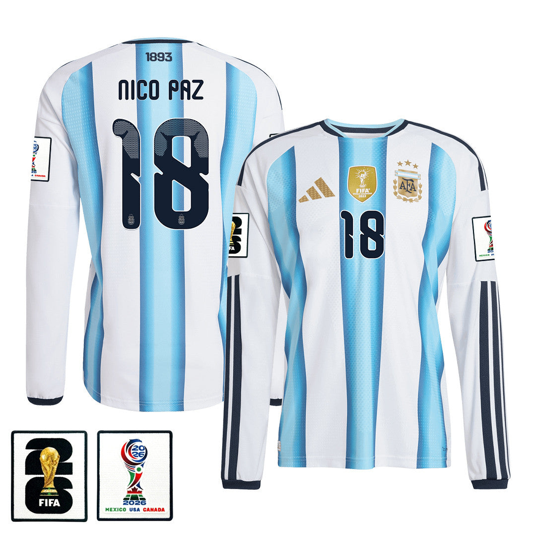Nico Paz 18 Argentina 2026 Home Long Sleeve Jersey - White
