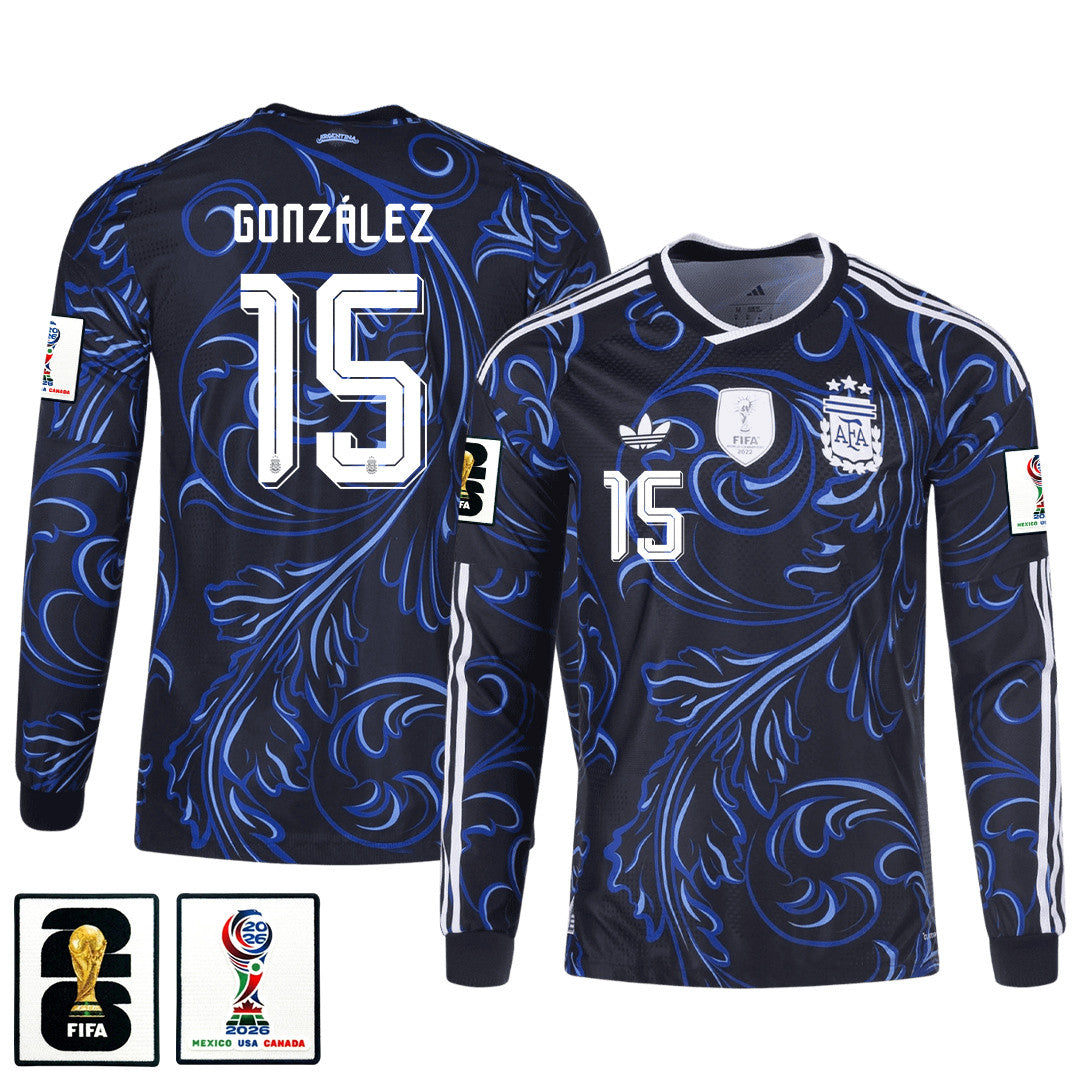 Nicolás González 15 Argentina 2026 Away Long Sleeve Jersey - Black